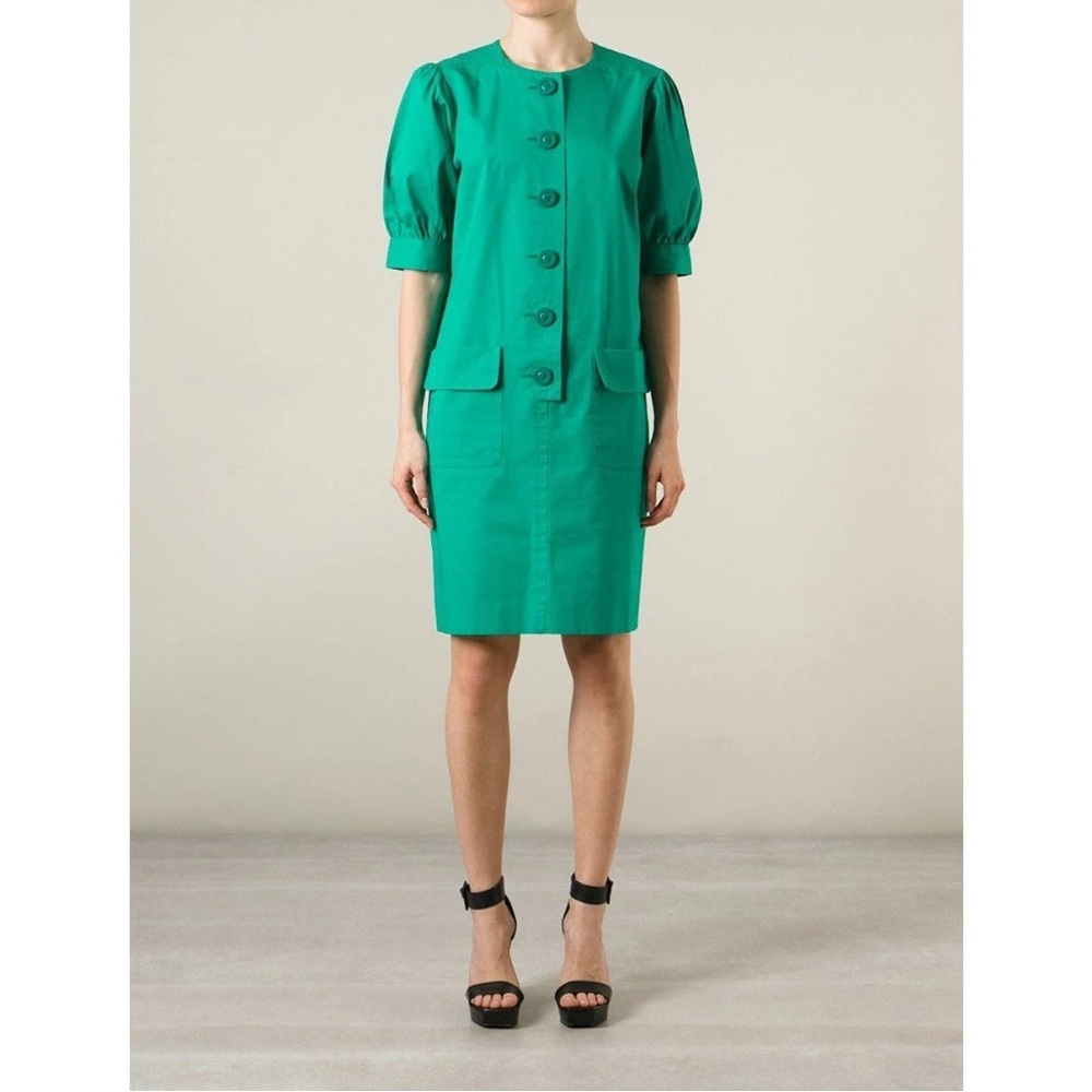 [6 or 8] NIPON Dress vintage Kelly green puffed sleeves black buttons tailored